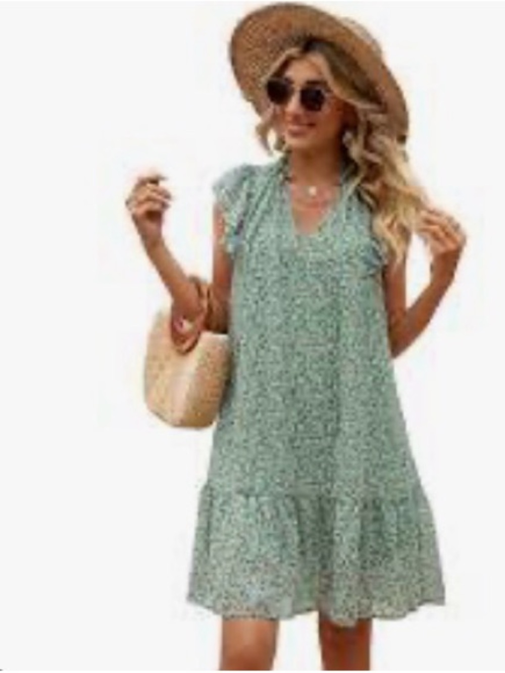 KOJOOIN Floral Mini Dress Green Flutter Sleeve Babydoll Chiffon Shift Small NWT